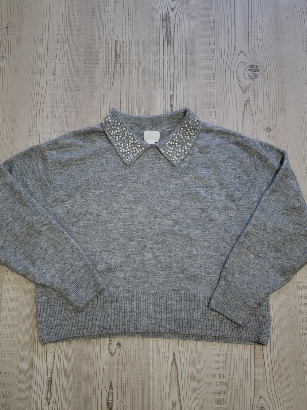 H&M Wool Blend Gray Beaded Collar Sweater Large Coquette Preppy Academia Glam